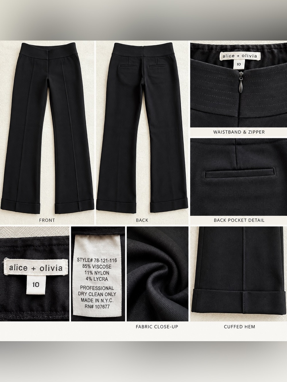Alice + Olivia Black Tailored Wide Leg Cuffed Trousers Size 10